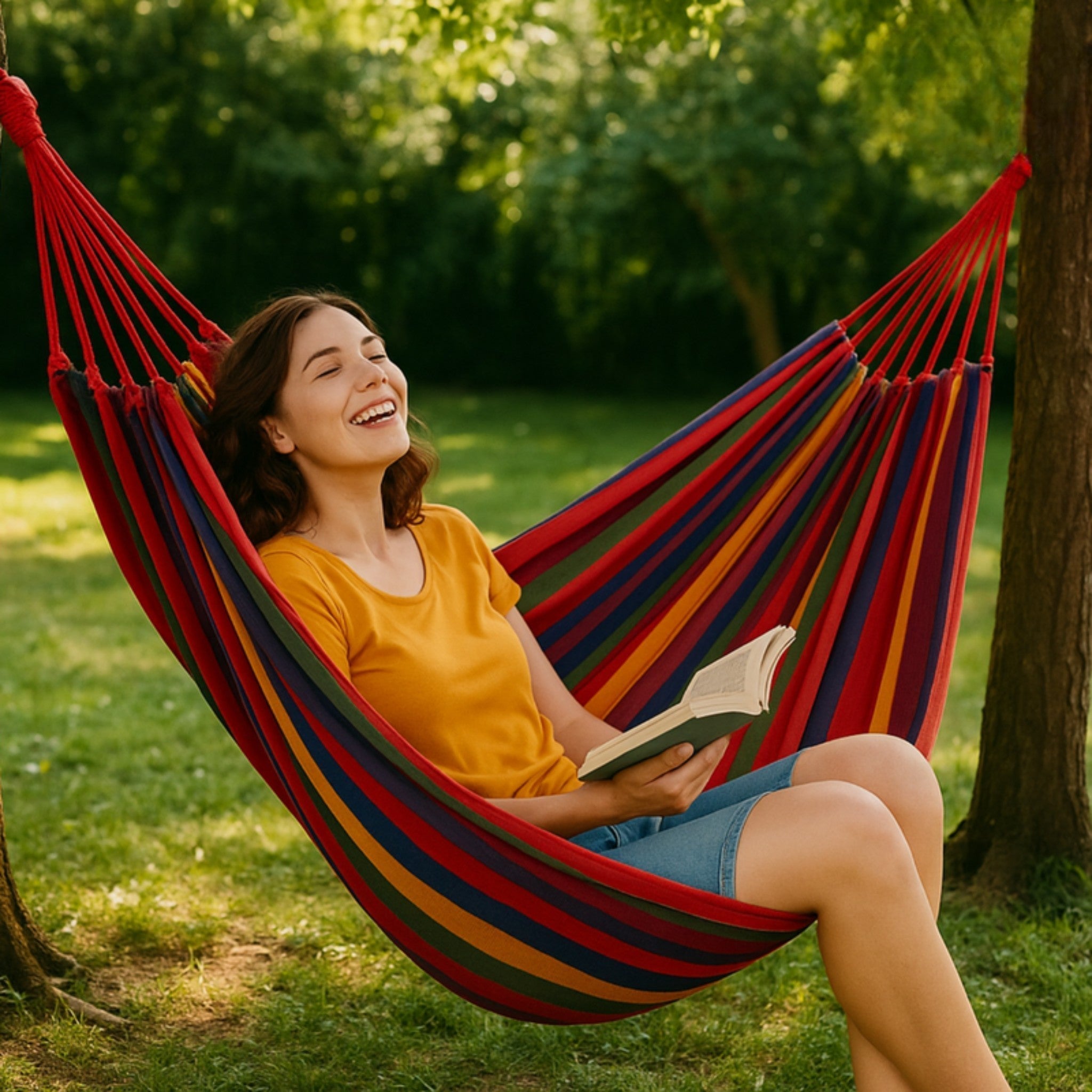 Foldable Cotton Hammock for Outdoor Use in Garden and Balcony