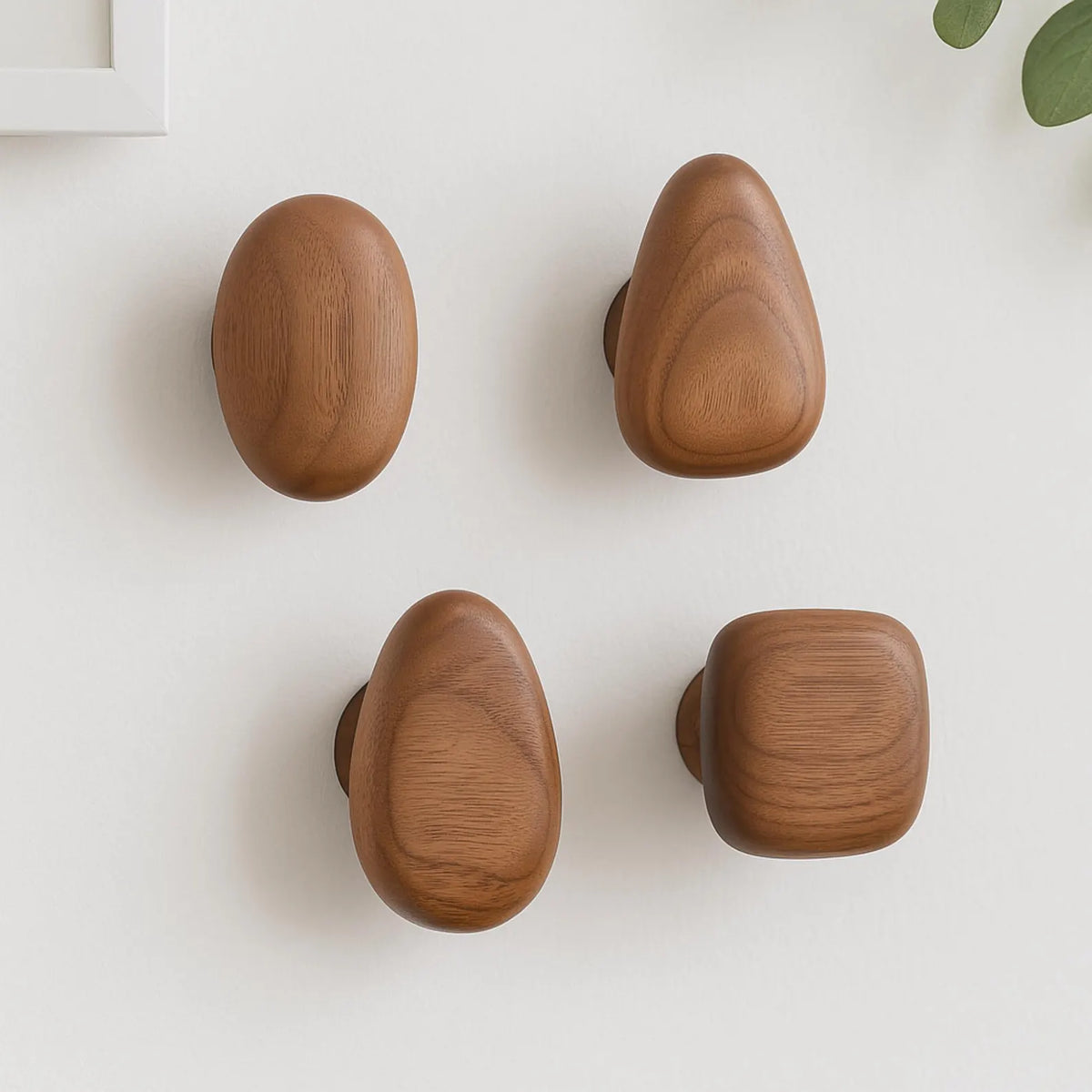 Set of 4 Natural Wooden Pebble Wall Hooks for Minimalist Decor