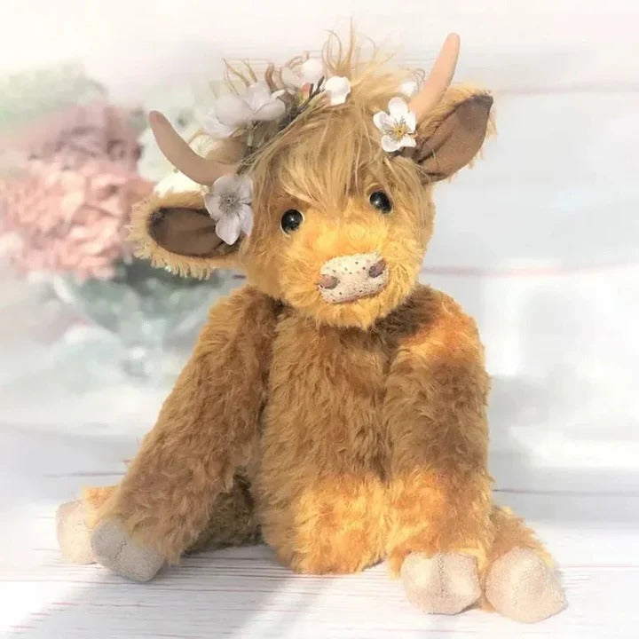 Floral Headpiece Highland Cow Plush Toy - Handmade Soft Toy