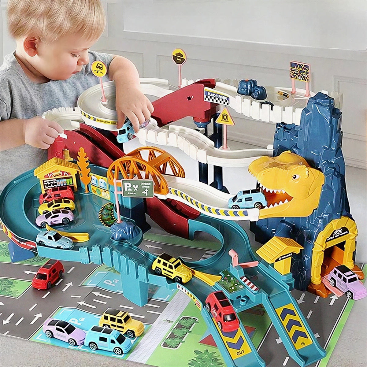 Dinosaur Race Track Playset with Cars, Tunnels, and Road Signs for Children