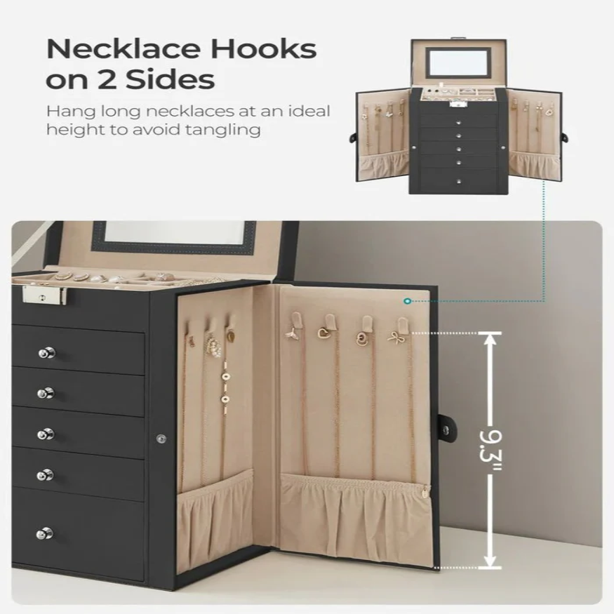 Stacked Six-Tier Jewelry Storage Box with Lock and Integrated Mirror