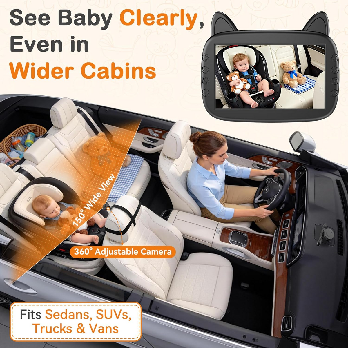 Wide Angle Camera Infant Car Seat Monitor with Infrared Night Vision