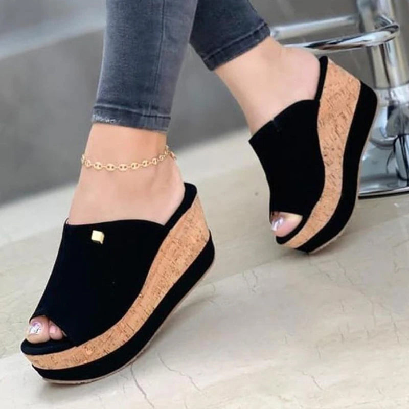Cork-heeled Peep-toe Sandals on a Platform