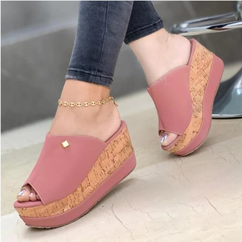 Cork-heeled Peep-toe Sandals on a Platform