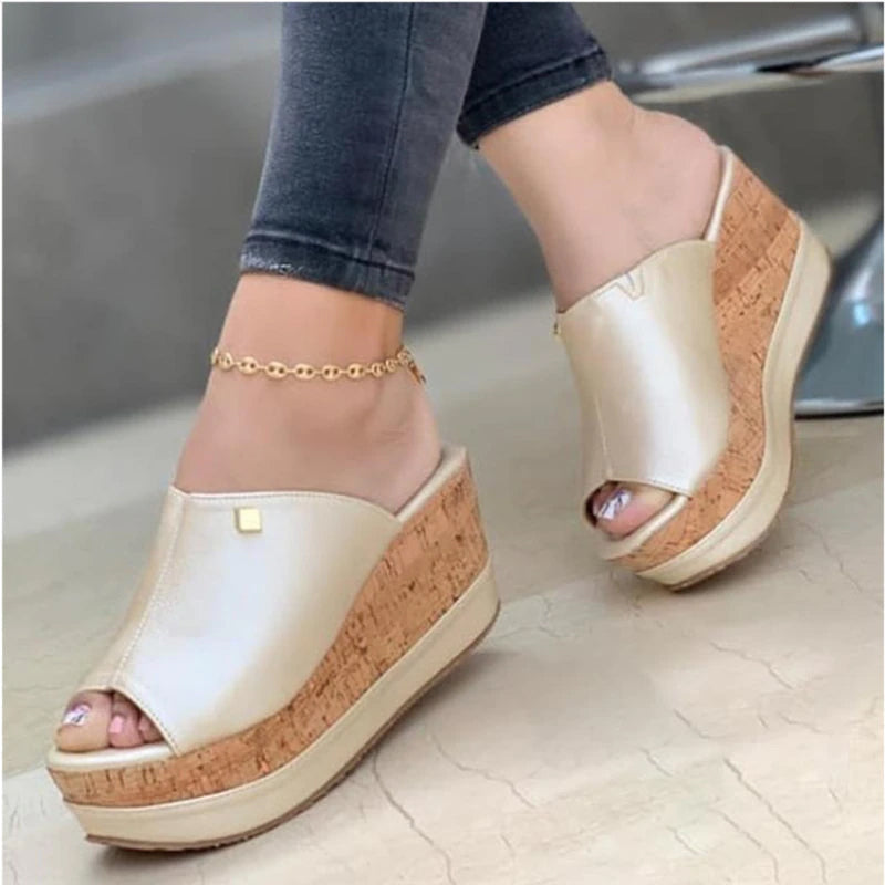 Cork-heeled Peep-toe Sandals on a Platform