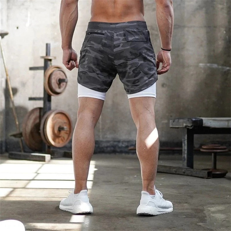Men's Camo Athletic Shorts with Built-In Compression Layer - 2 in 1