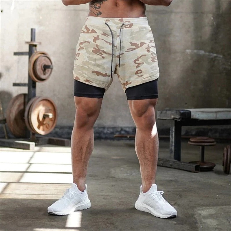 Men's Camo Athletic Shorts with Built-In Compression Layer - 2 in 1