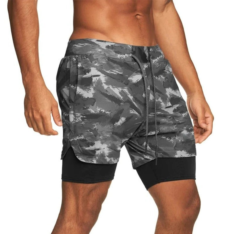 Men's Camo Athletic Shorts with Built-In Compression Layer - 2 in 1