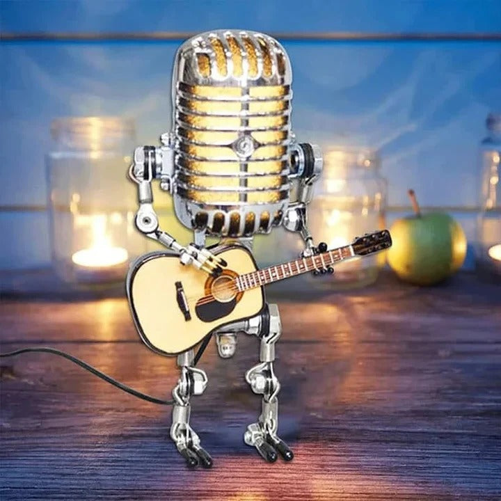 Retro Robot Desk Light Featuring Metal Microphone and Guitar
