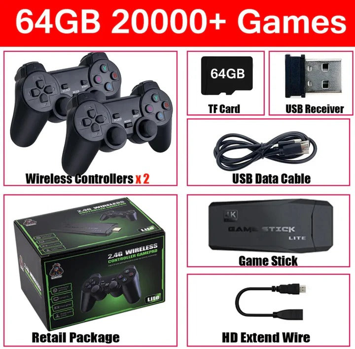 64GB Storage Game Console Stick with 2 Wireless Controllers via HDMI