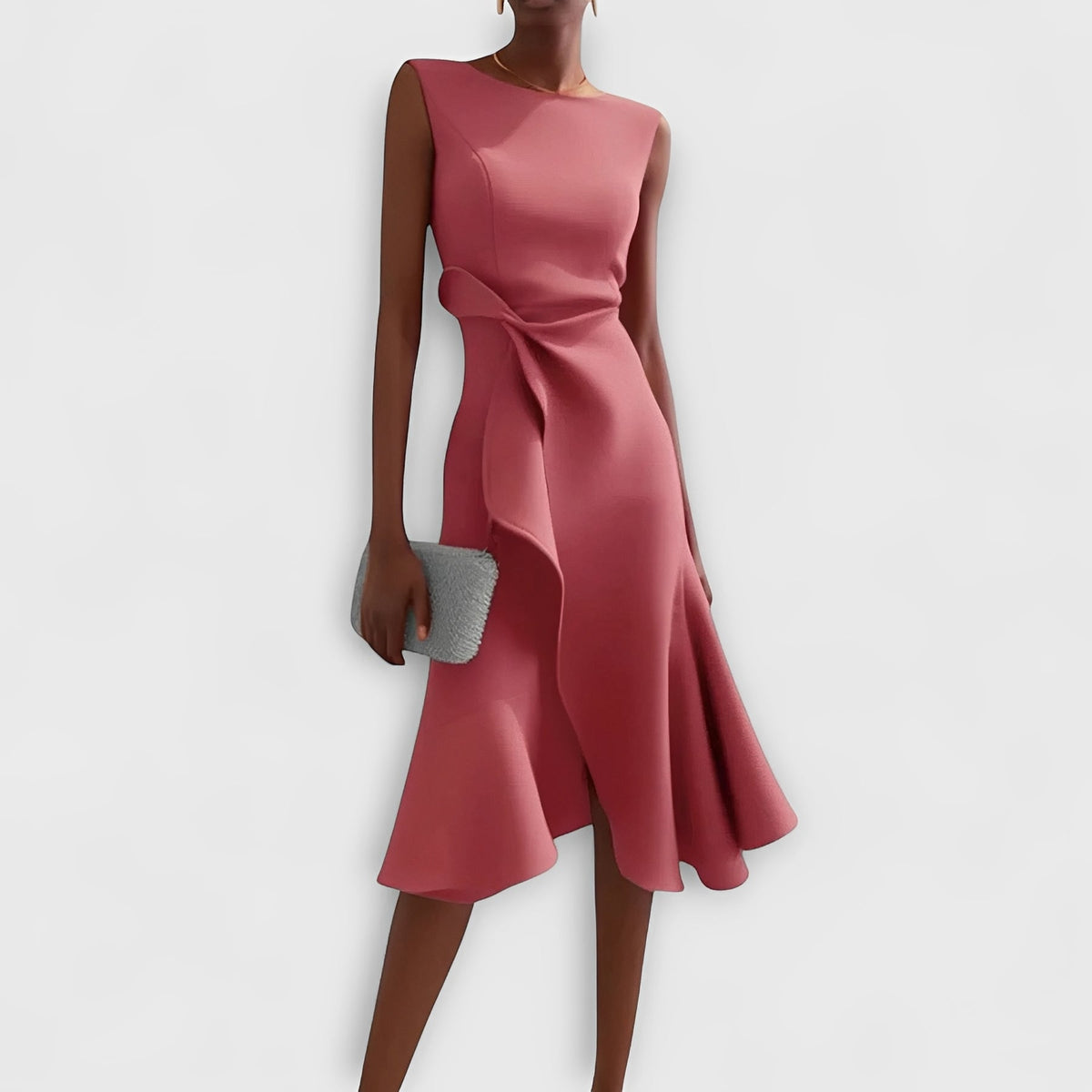 Draped Midi Dress with Asymmetric Design and Layered Hem