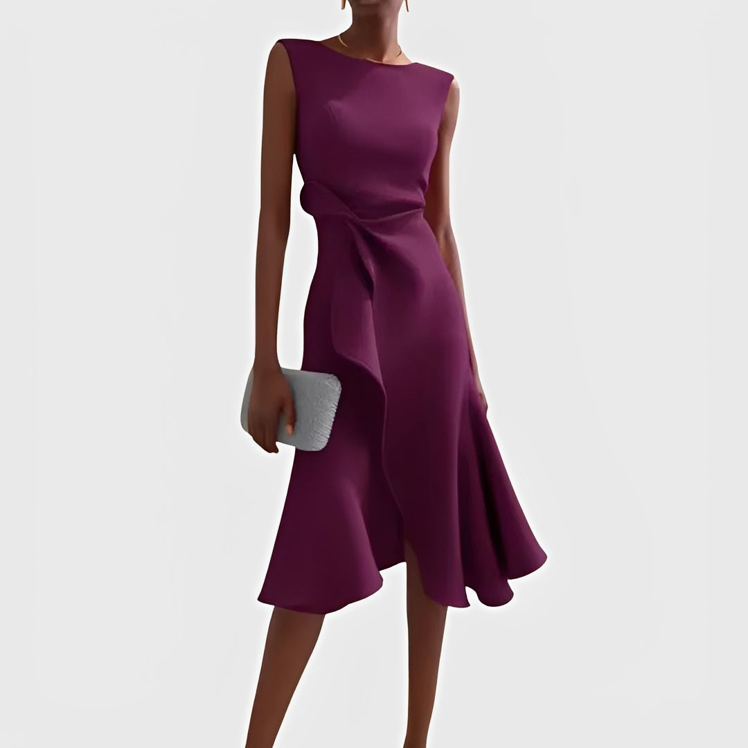 Draped Midi Dress with Asymmetric Design and Layered Hem