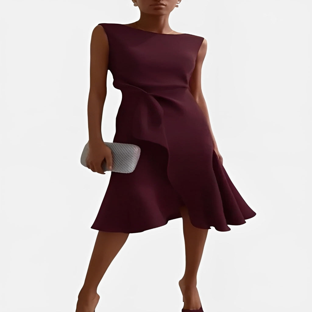 Draped Midi Dress with Asymmetric Design and Layered Hem