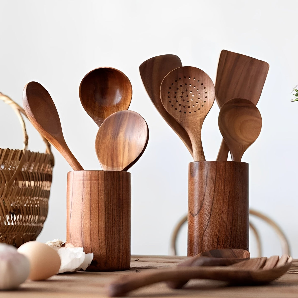 Ergonomic Handle Kitchen Utensil Set Made of Teak Wood