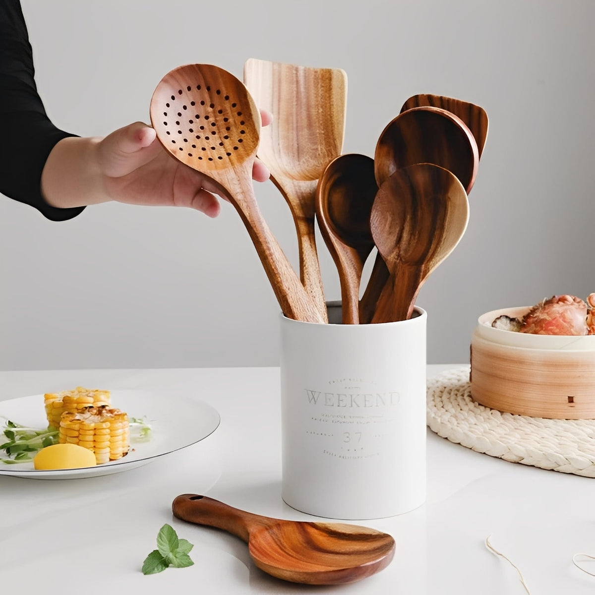 Ergonomic Handle Kitchen Utensil Set Made of Teak Wood