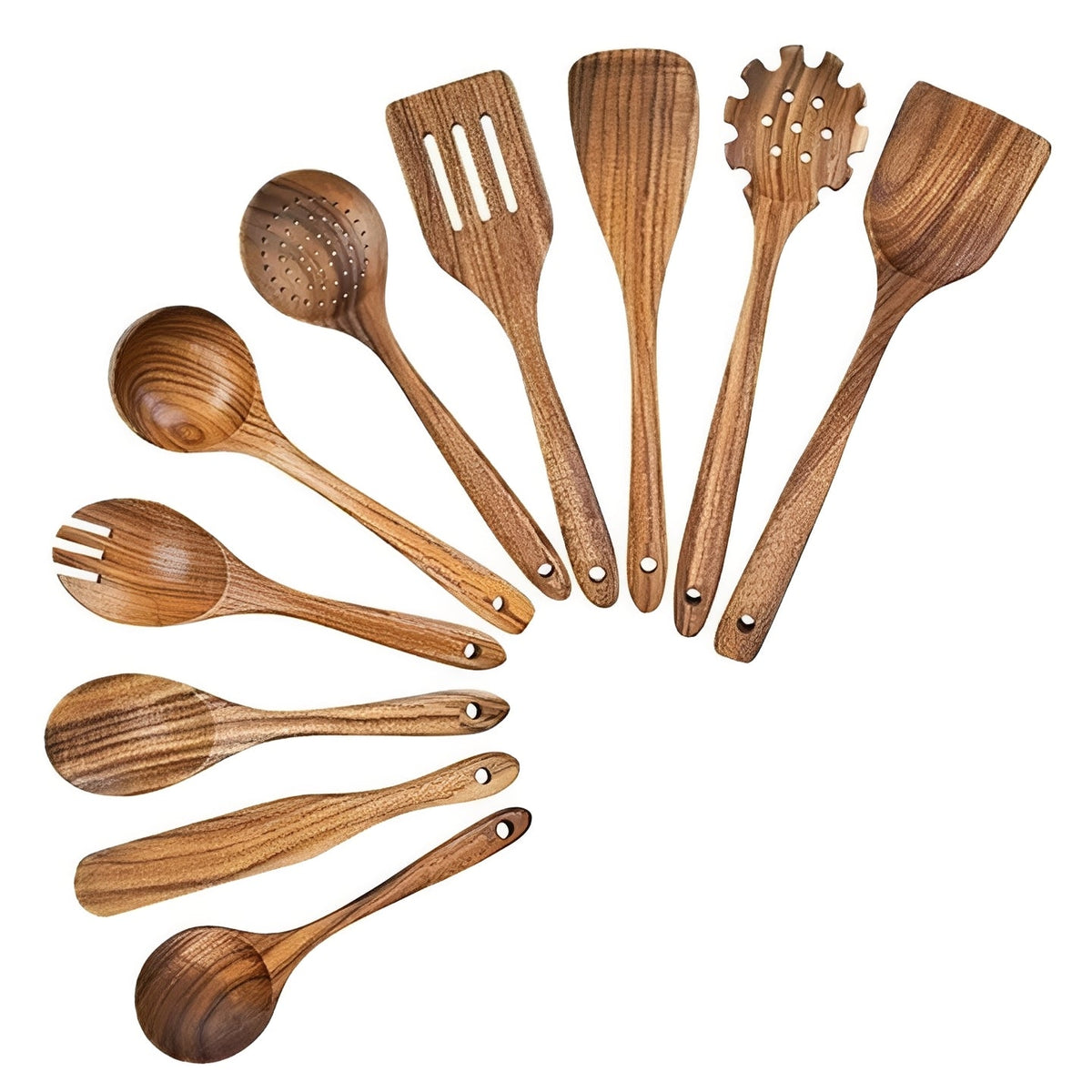 Ergonomic Handle Kitchen Utensil Set Made of Teak Wood