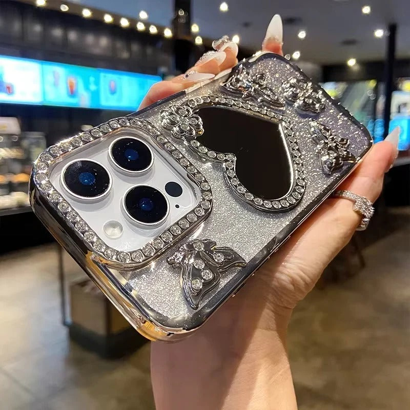 Reflective Phone Case with Sparkling Butterfly and Diamond Design for iPhone