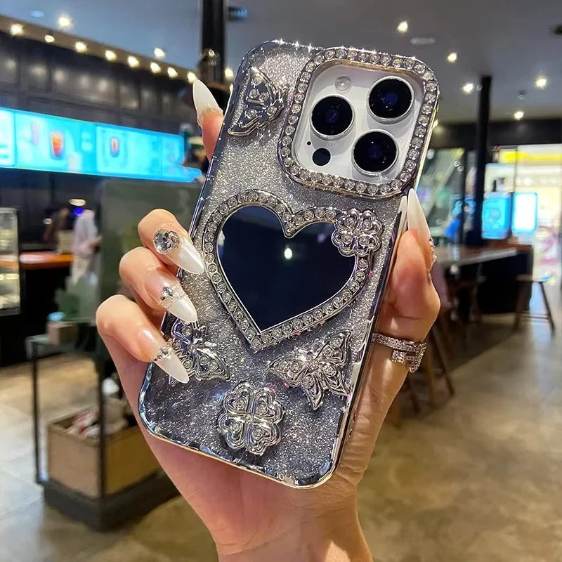 Reflective Phone Case with Sparkling Butterfly and Diamond Design for iPhone