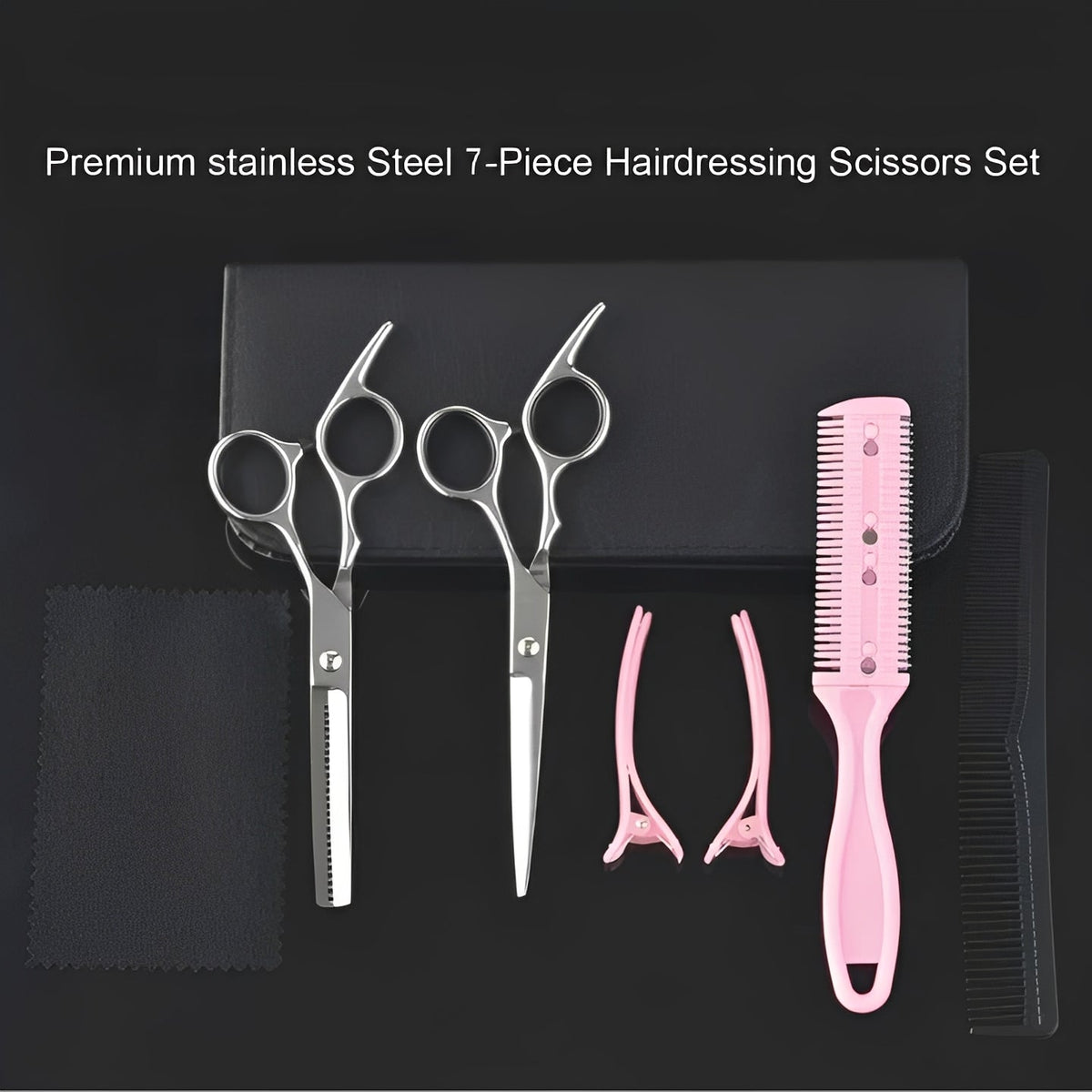 Set of Hair Shears and Thinning Scissors with Combs and Clips