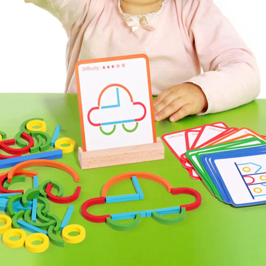 Construction Set with Wooden Sticks, Rings, and Activity Cards