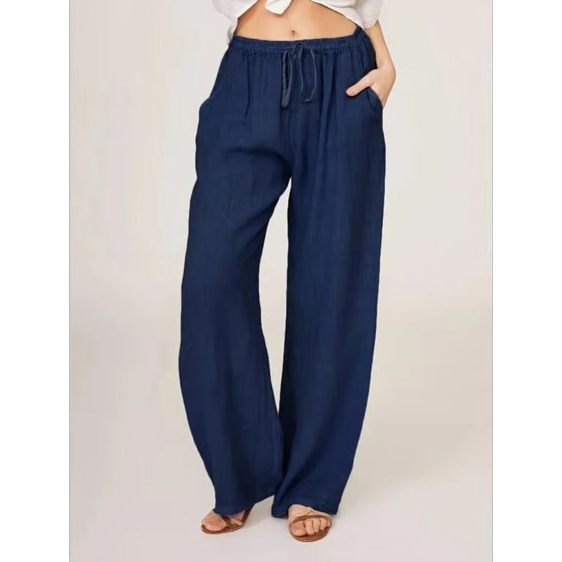 Women’s Wide Leg Trousers in Cotton-Linen Blend with Elastic Waist and Pockets