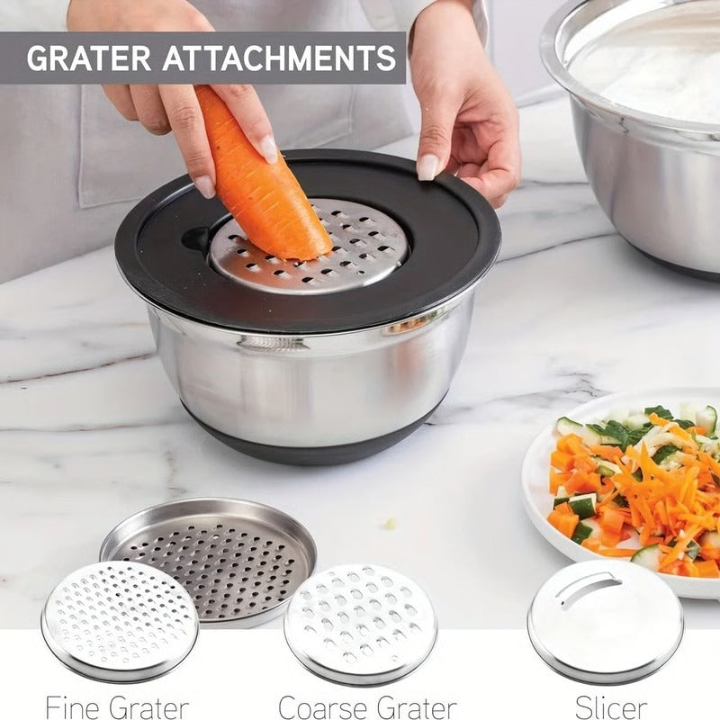Set of 8 Mixing Bowls in Stainless Steel with Airtight Lids and Non-Slip Base