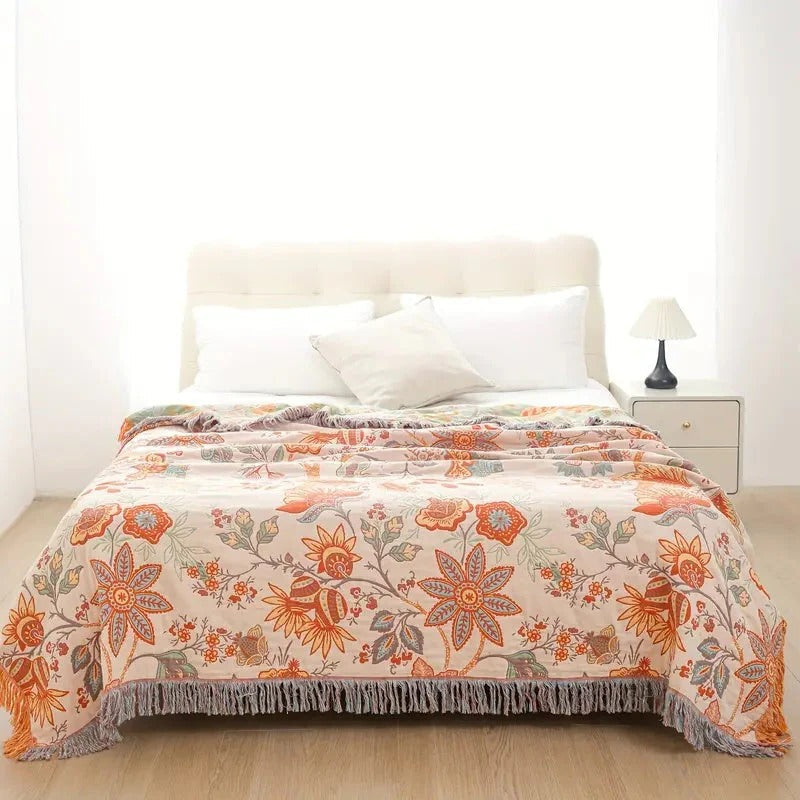 Floral Cotton Throw Blanket with Bohemian Fringe Accents