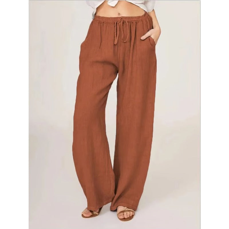 Women’s Wide Leg Trousers in Cotton-Linen Blend with Elastic Waist and Pockets