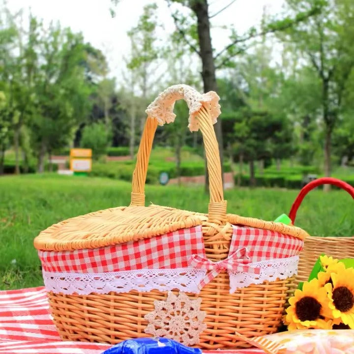 Picnic Basket with Handles and Washable Liner Made of Willow