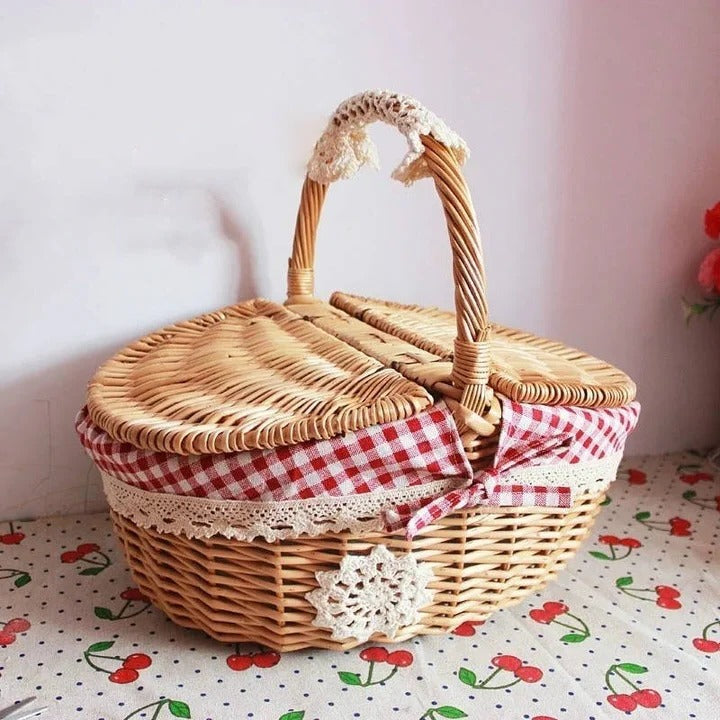 Picnic Basket with Handles and Washable Liner Made of Willow
