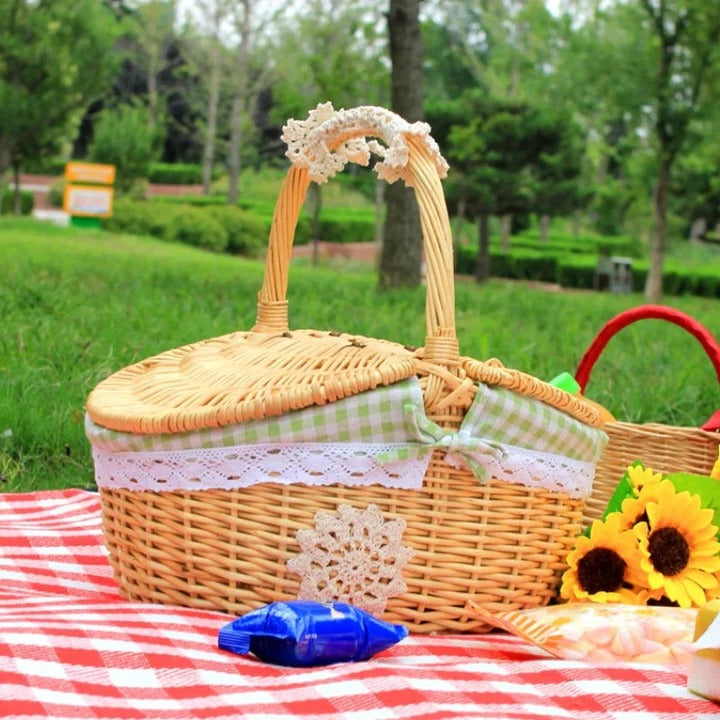 Picnic Basket with Handles and Washable Liner Made of Willow