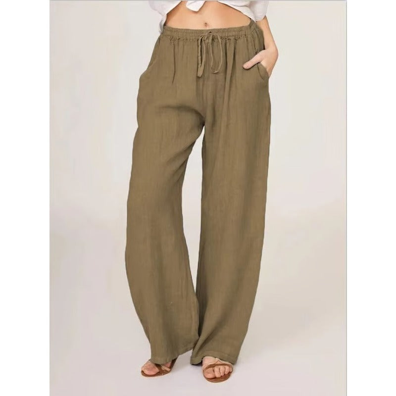 Women’s Wide Leg Trousers in Cotton-Linen Blend with Elastic Waist and Pockets