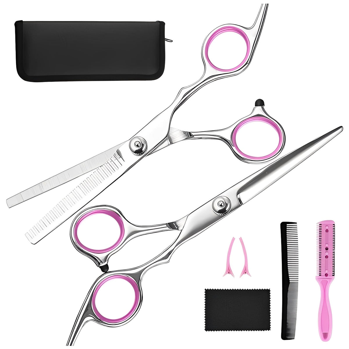 Set of Hair Shears and Thinning Scissors with Combs and Clips