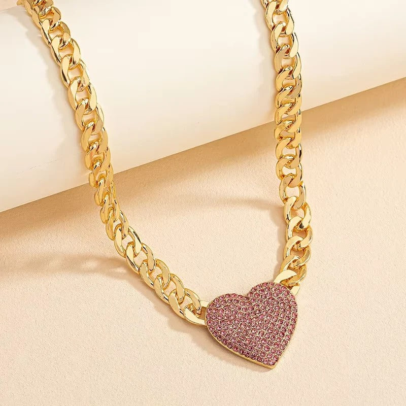 Women's Choker Necklace with Rhinestone Accents and Heart Pendant
