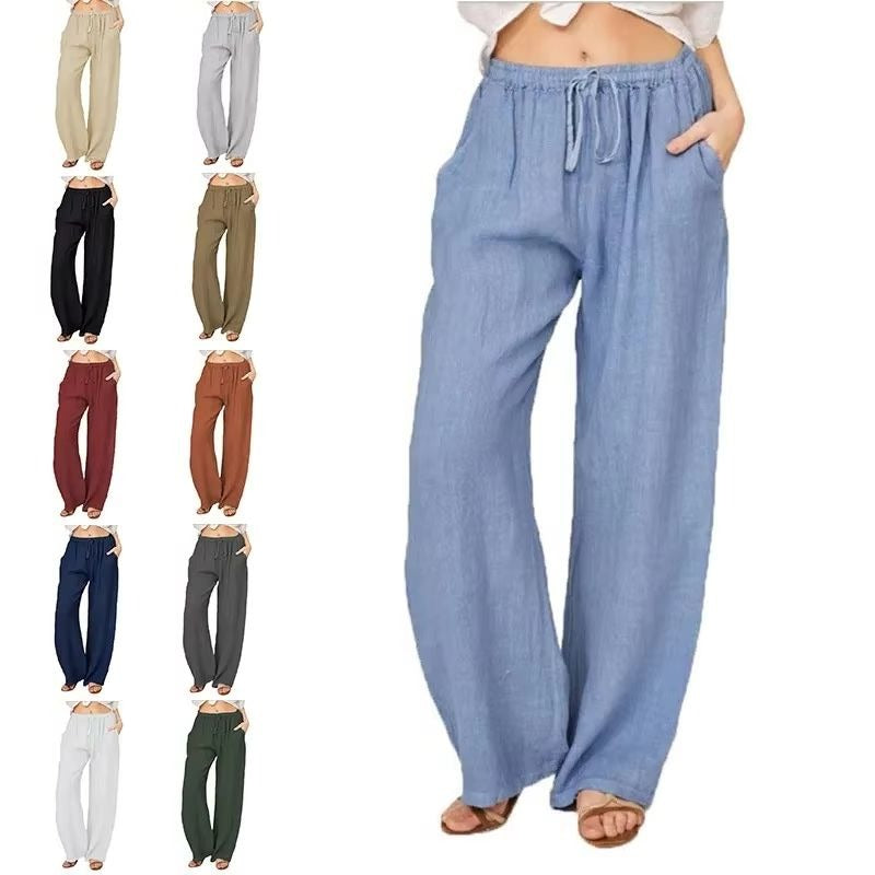 Women’s Wide Leg Trousers in Cotton-Linen Blend with Elastic Waist and Pockets