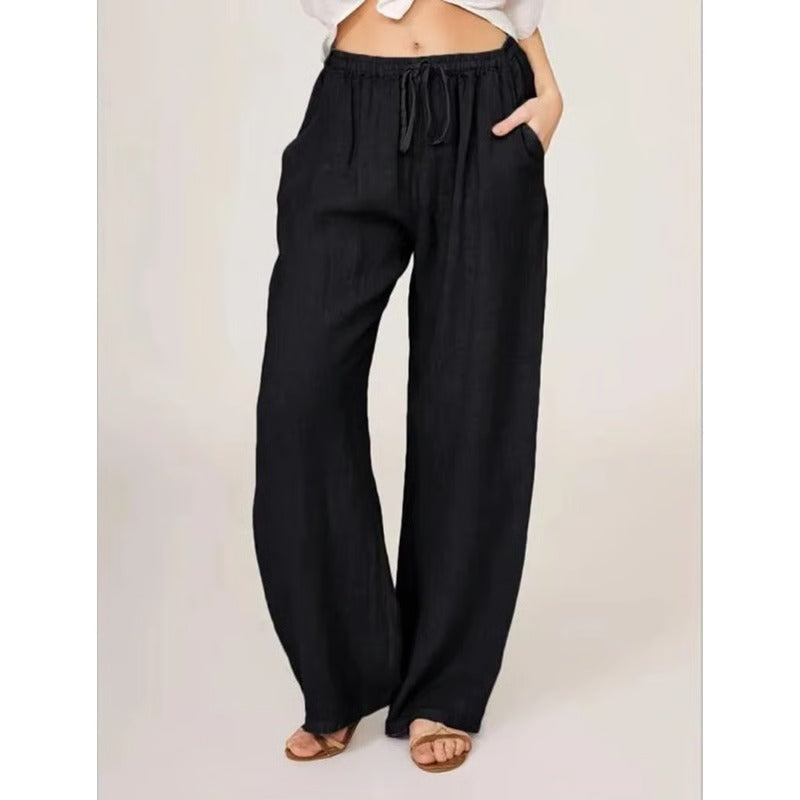 Women’s Wide Leg Trousers in Cotton-Linen Blend with Elastic Waist and Pockets