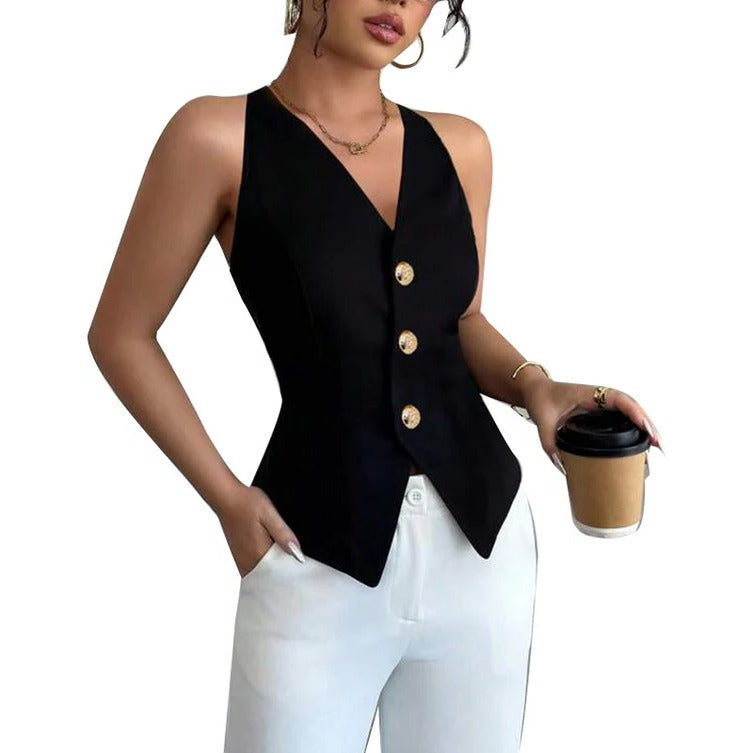 Tailored Fit Sleeveless Blazer Vest for Women with Button Closure