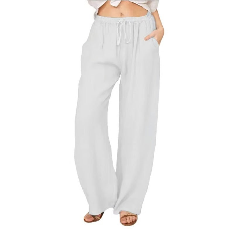 Women’s Wide Leg Trousers in Cotton-Linen Blend with Elastic Waist and Pockets