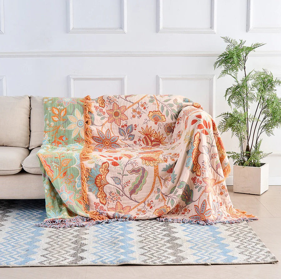 Floral Cotton Throw Blanket with Bohemian Fringe Accents