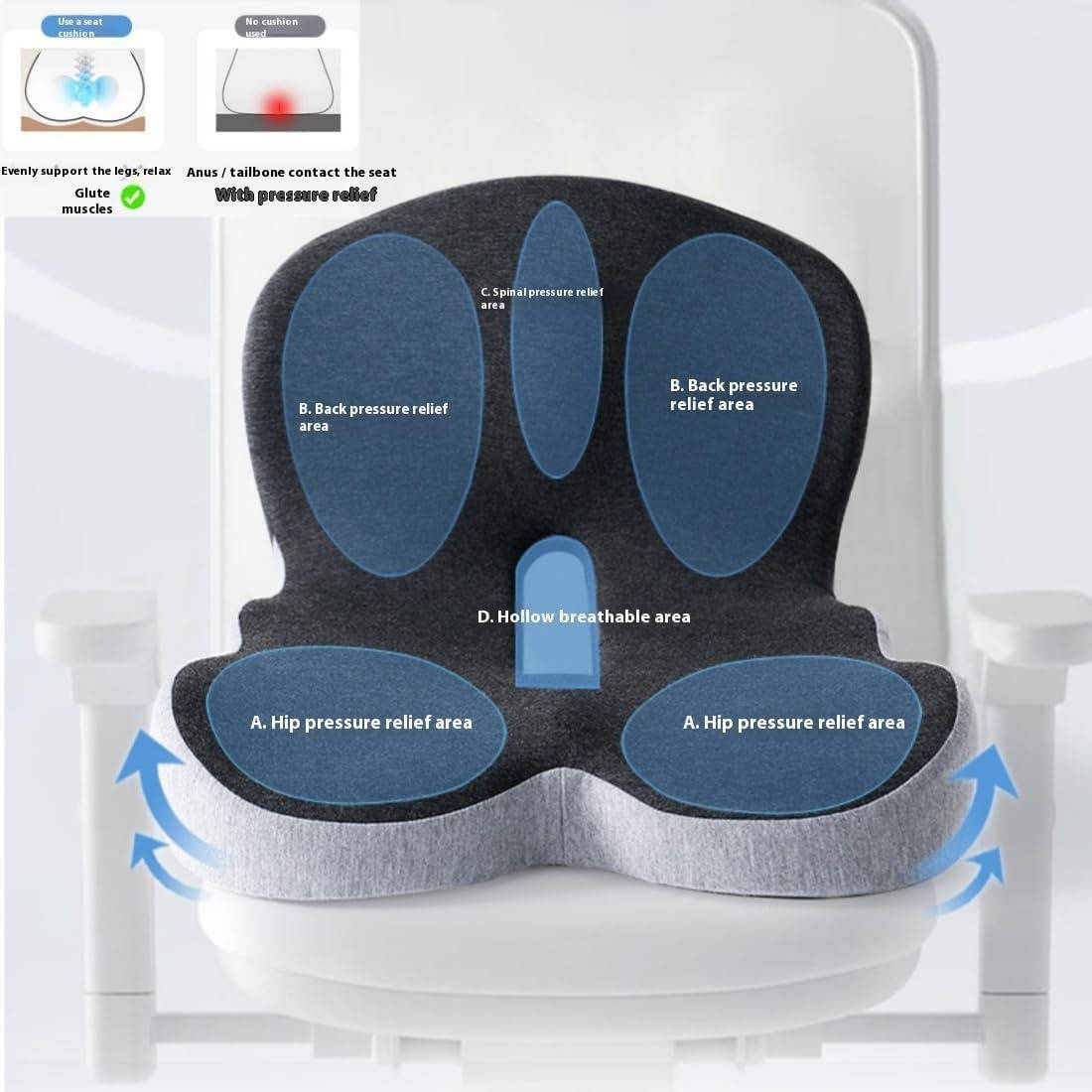 Contoured Support Seat Cushion in Memory Foam for Office and Car Chairs