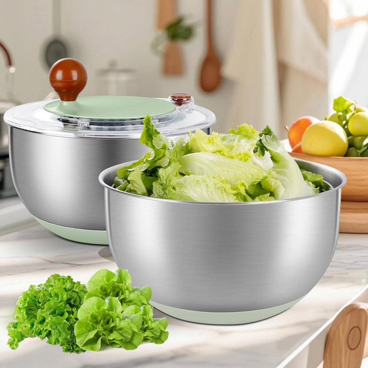 Salad Spinner Made of Stainless Steel with Drain Spout and Non-Slip Lid