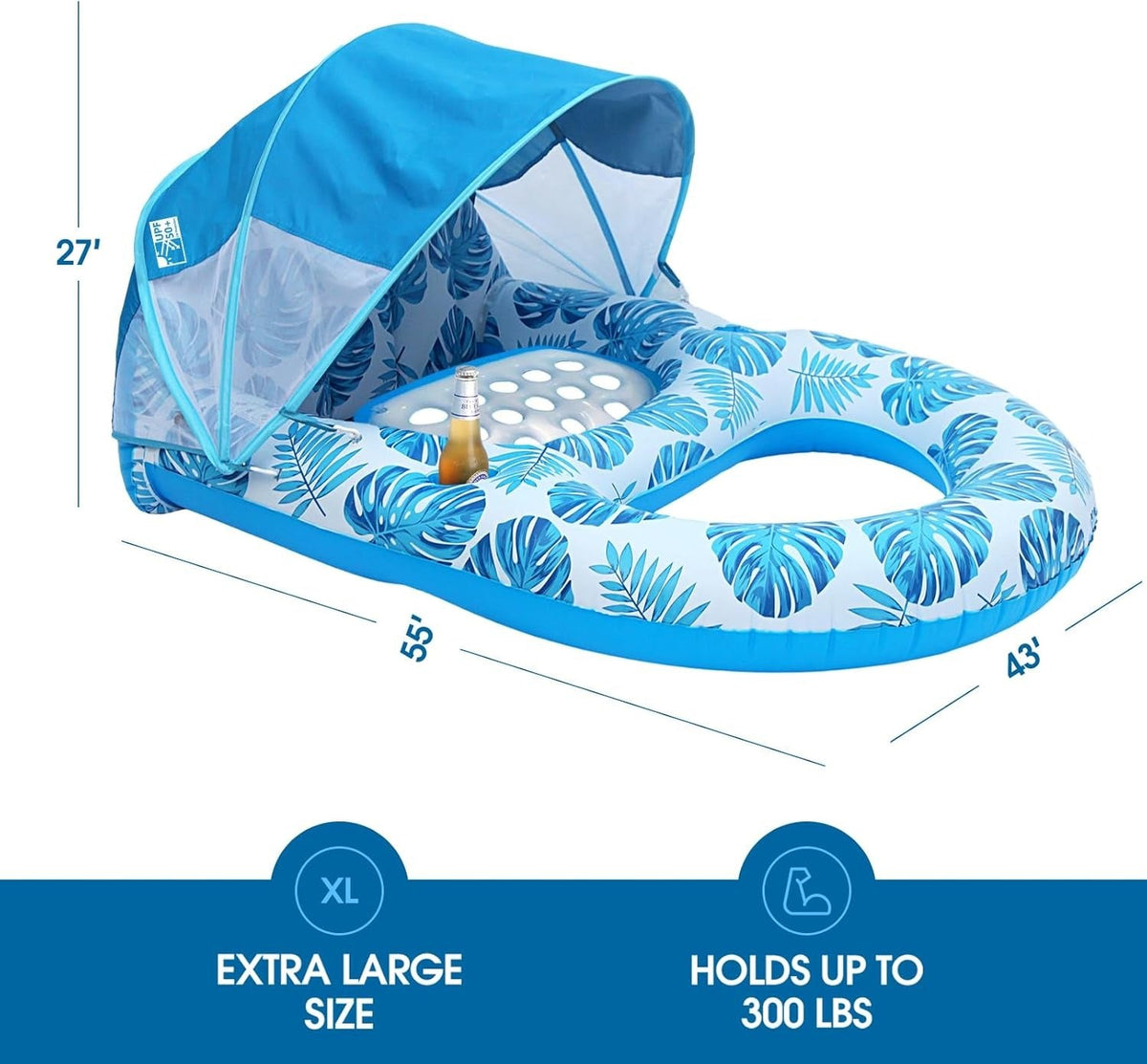 Spacious Pool Float with Canopy, Drink and Phone Holders, Backrest