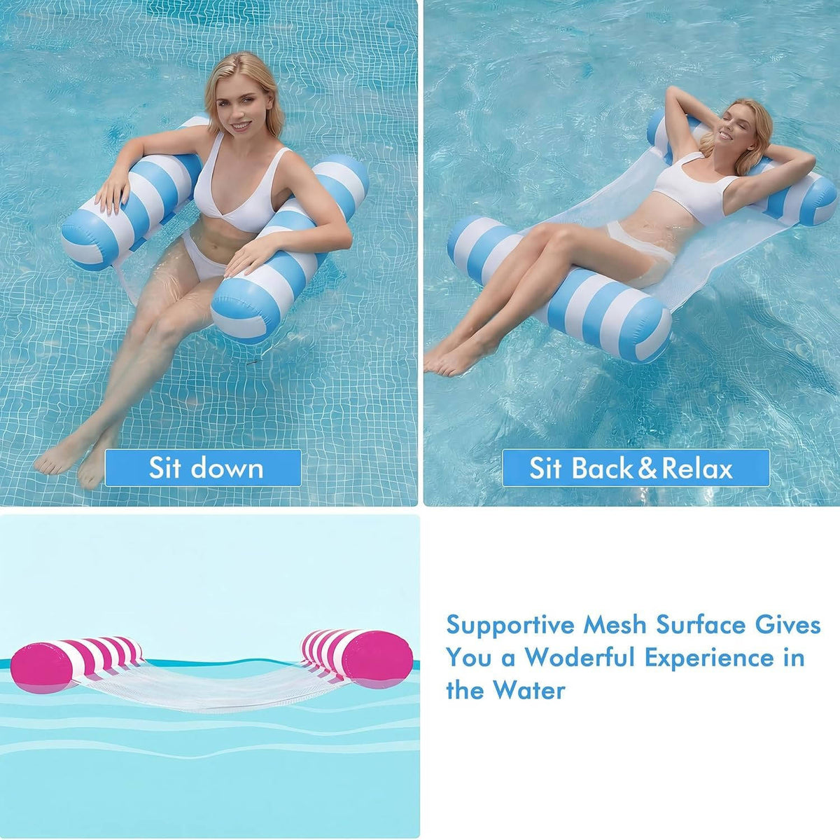 4-Pack Water Hammock Lounge Design for Adults - Pool Floats