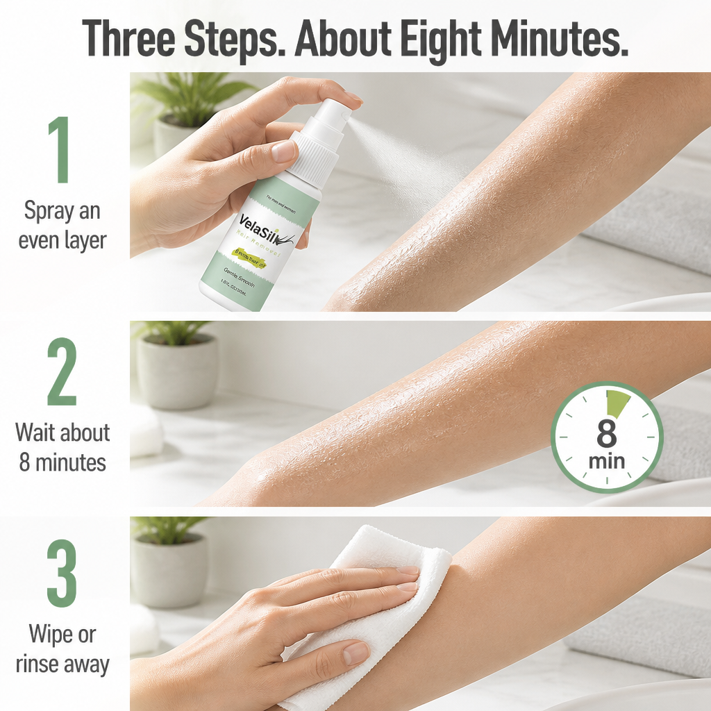 VelaSilk™ — Spray On, Wait 8 Minutes, Wipe Away Hair Without Razor Burn