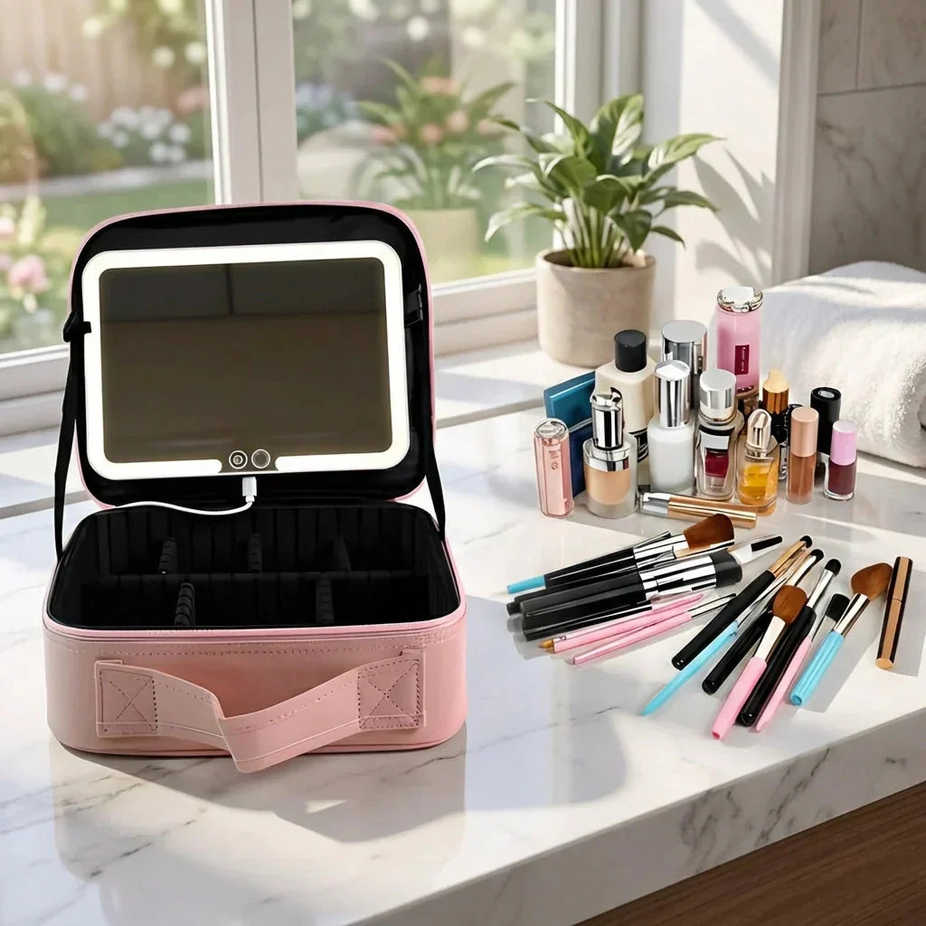 LED Mirror Makeup Organizer with USB Charging Port