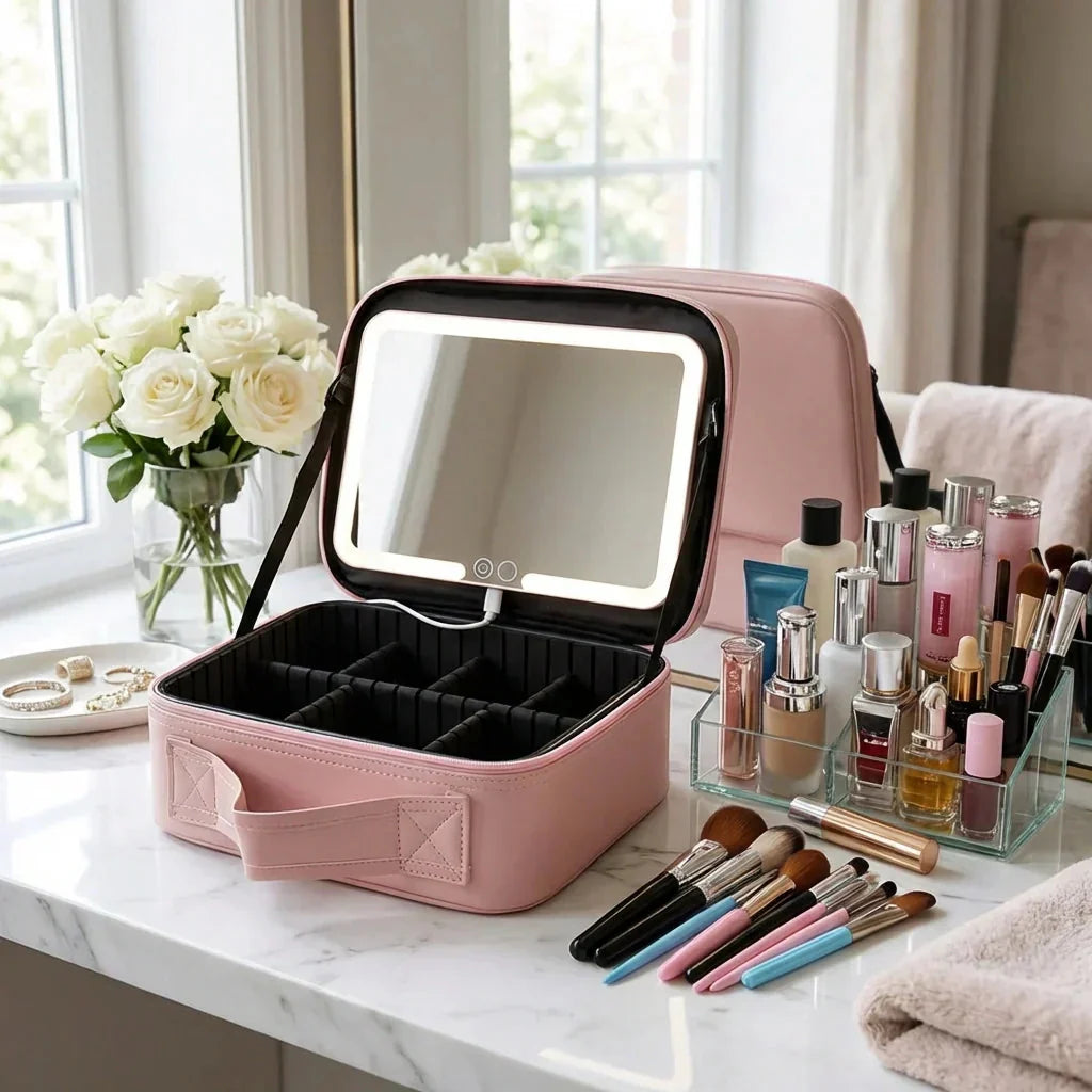 LED Mirror Makeup Organizer with USB Charging Port