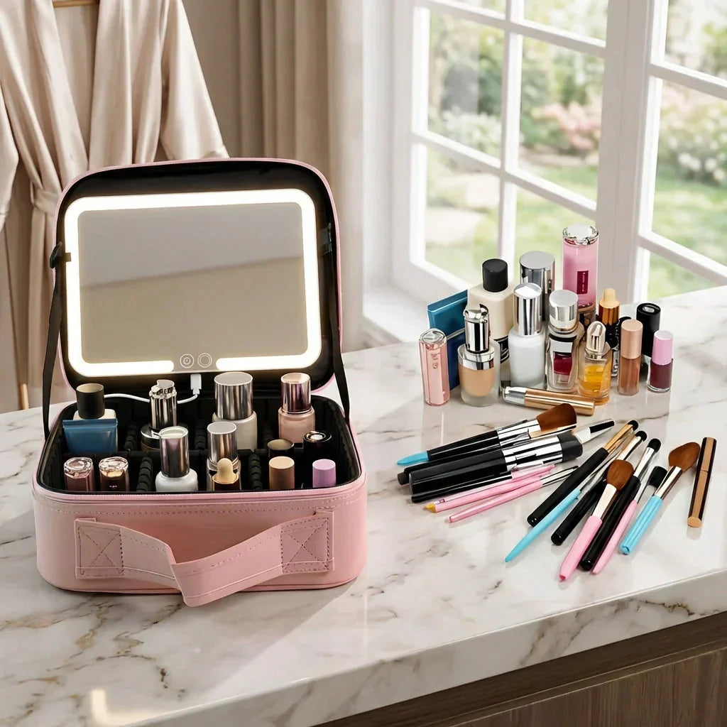 LED Mirror Makeup Organizer with USB Charging Port