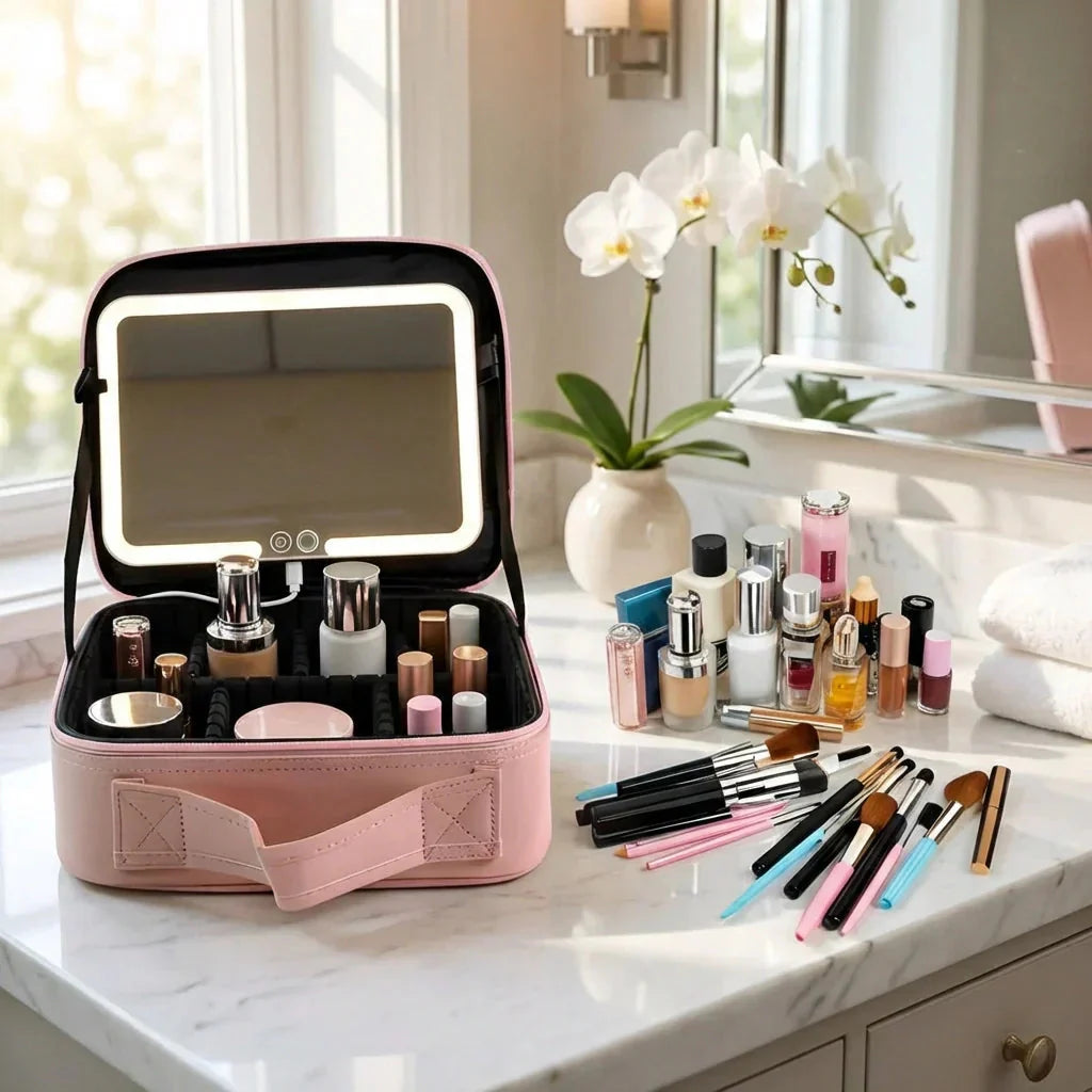 LED Mirror Makeup Organizer with USB Charging Port