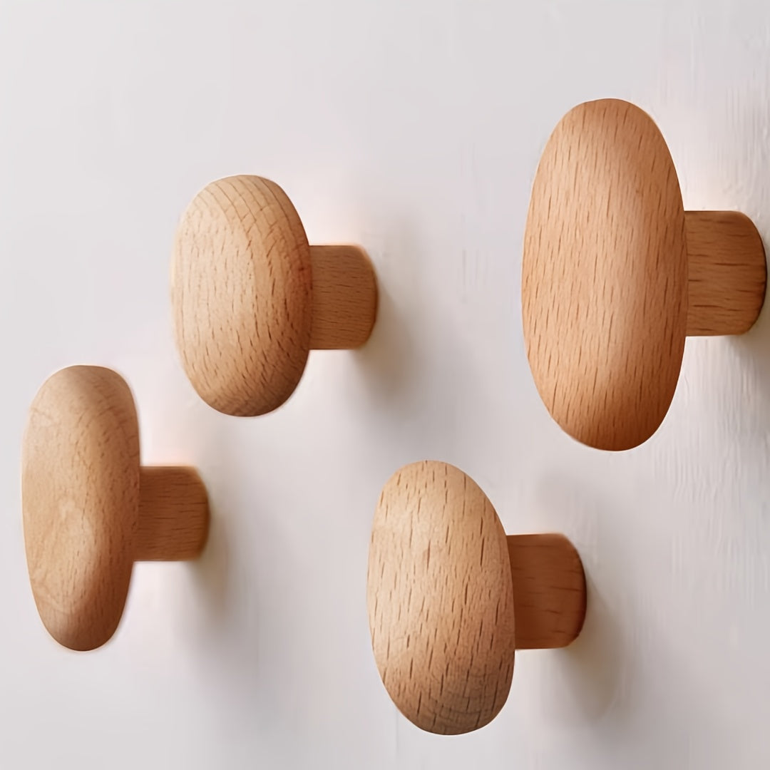 Set of 4 Natural Wooden Pebble Wall Hooks for Minimalist Decor