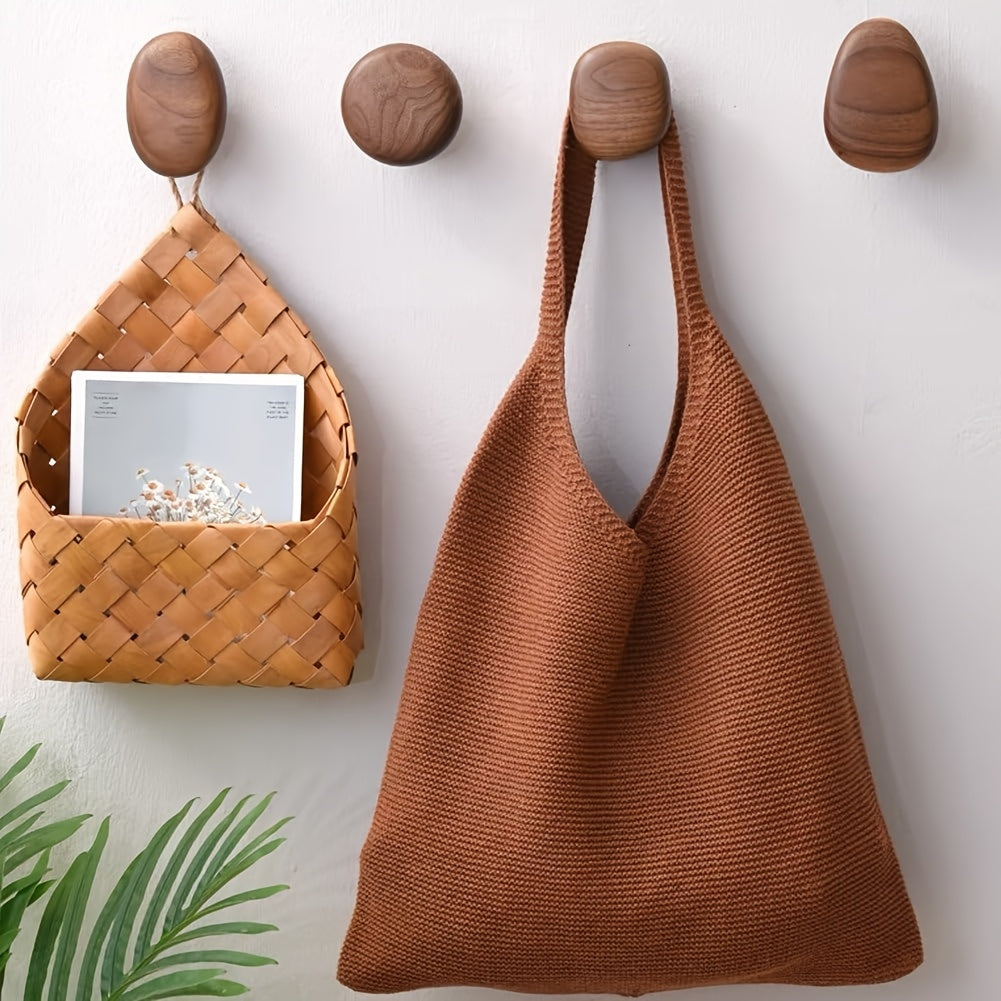 Set of 4 Natural Wooden Pebble Wall Hooks for Minimalist Decor